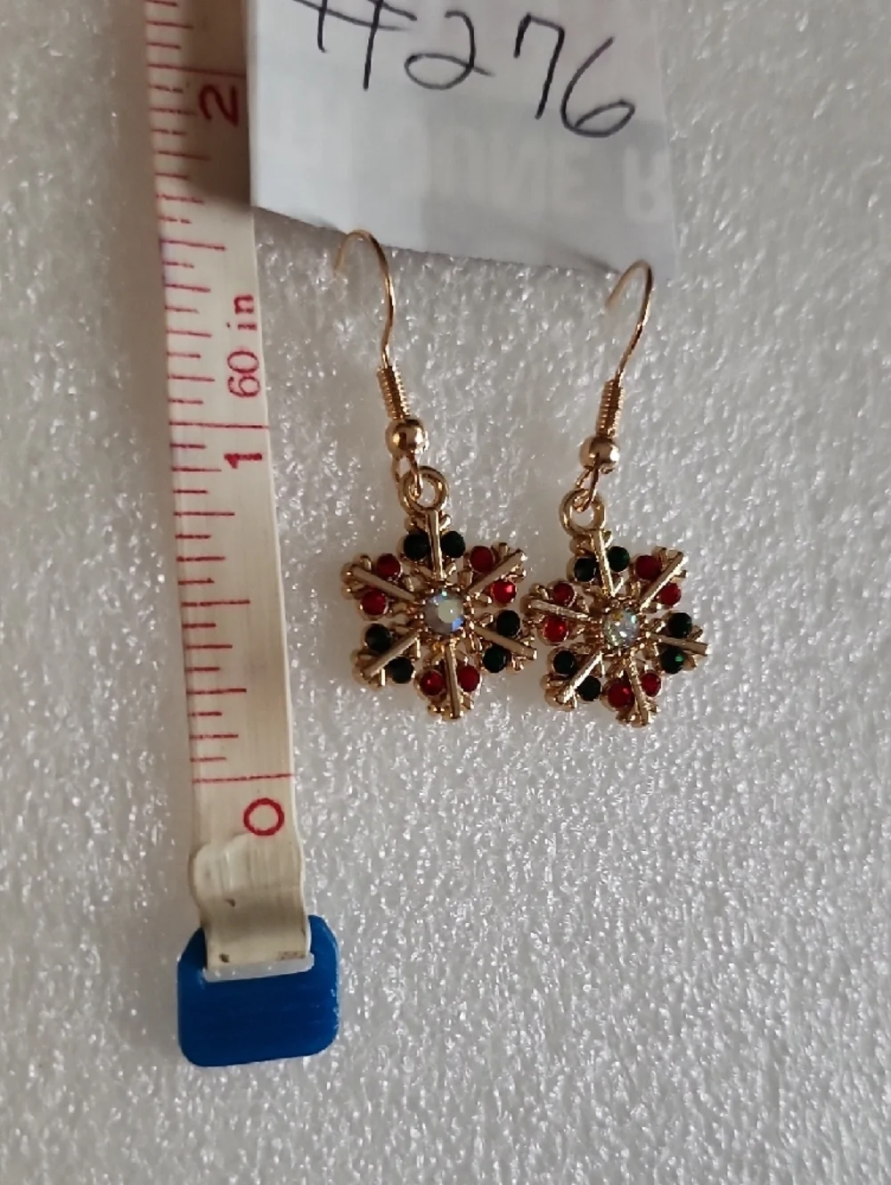 Hand Crafted Gold Snowflake Earrings with Red and Green Crystals
